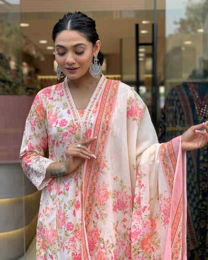 Floral Print Pure Cotton Ethnic Dress With Attached Dupatta