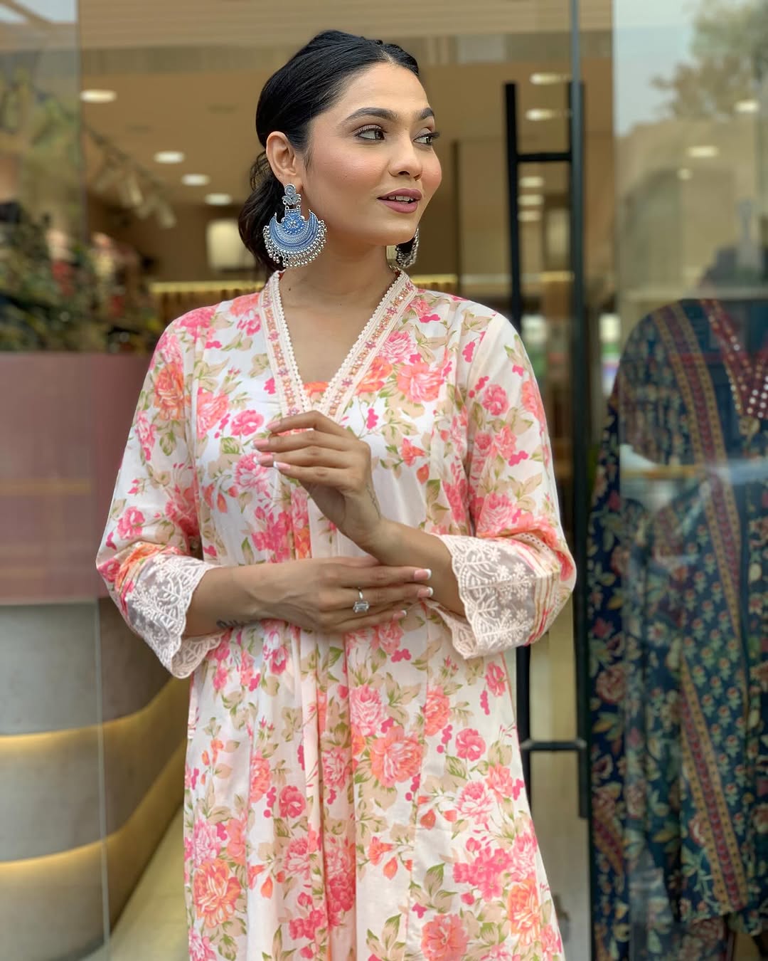 Floral Print Pure Cotton Ethnic Dress With Attached Dupatta