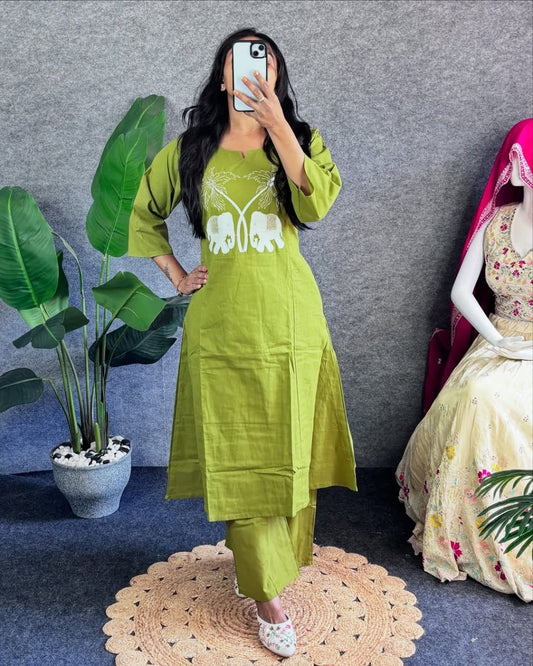 Green Embroidered Kurti Pant Set