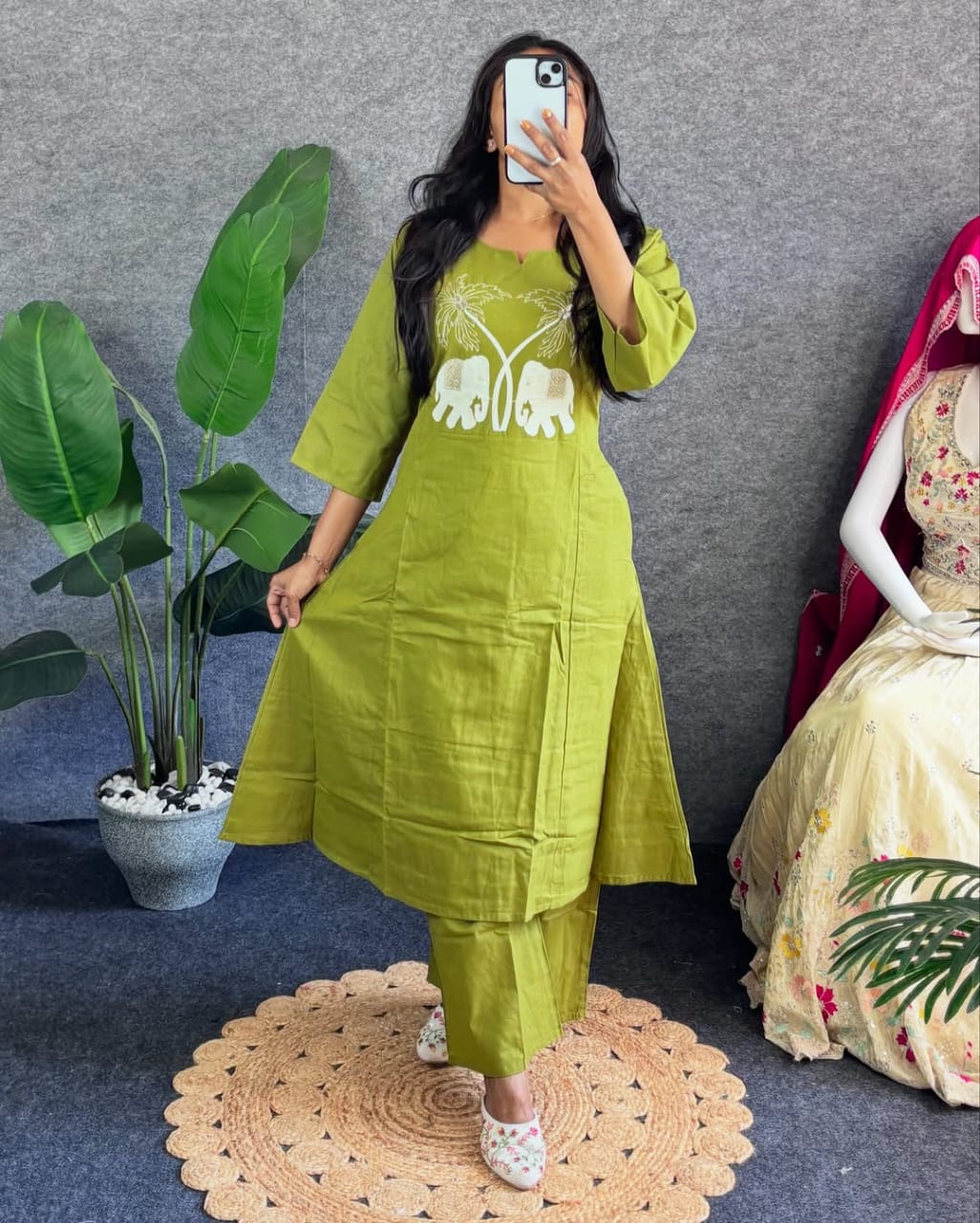 Green Embroidered Kurti Pant Set