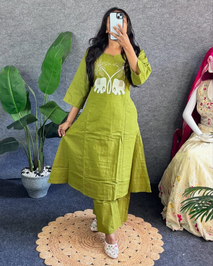 Green Embroidered Kurti Pant Set