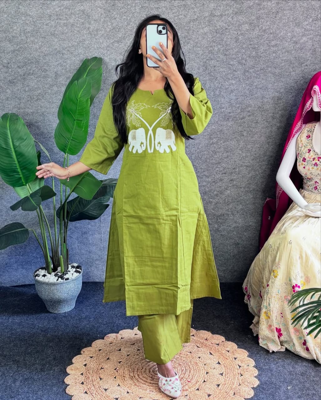 Green Embroidered Kurti Pant Set
