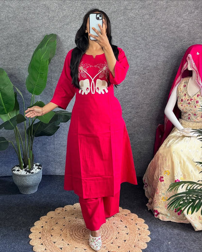 Pink Embroidered Kurti Pant Set