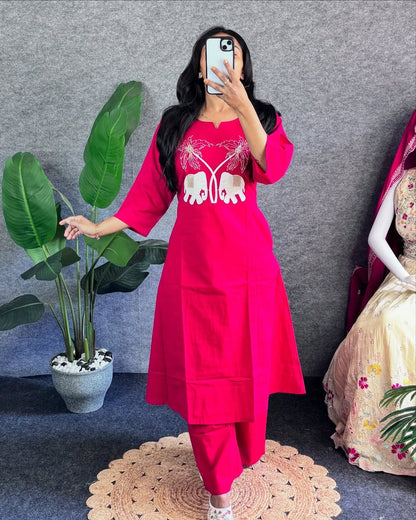 Pink Embroidered Kurti Pant Set