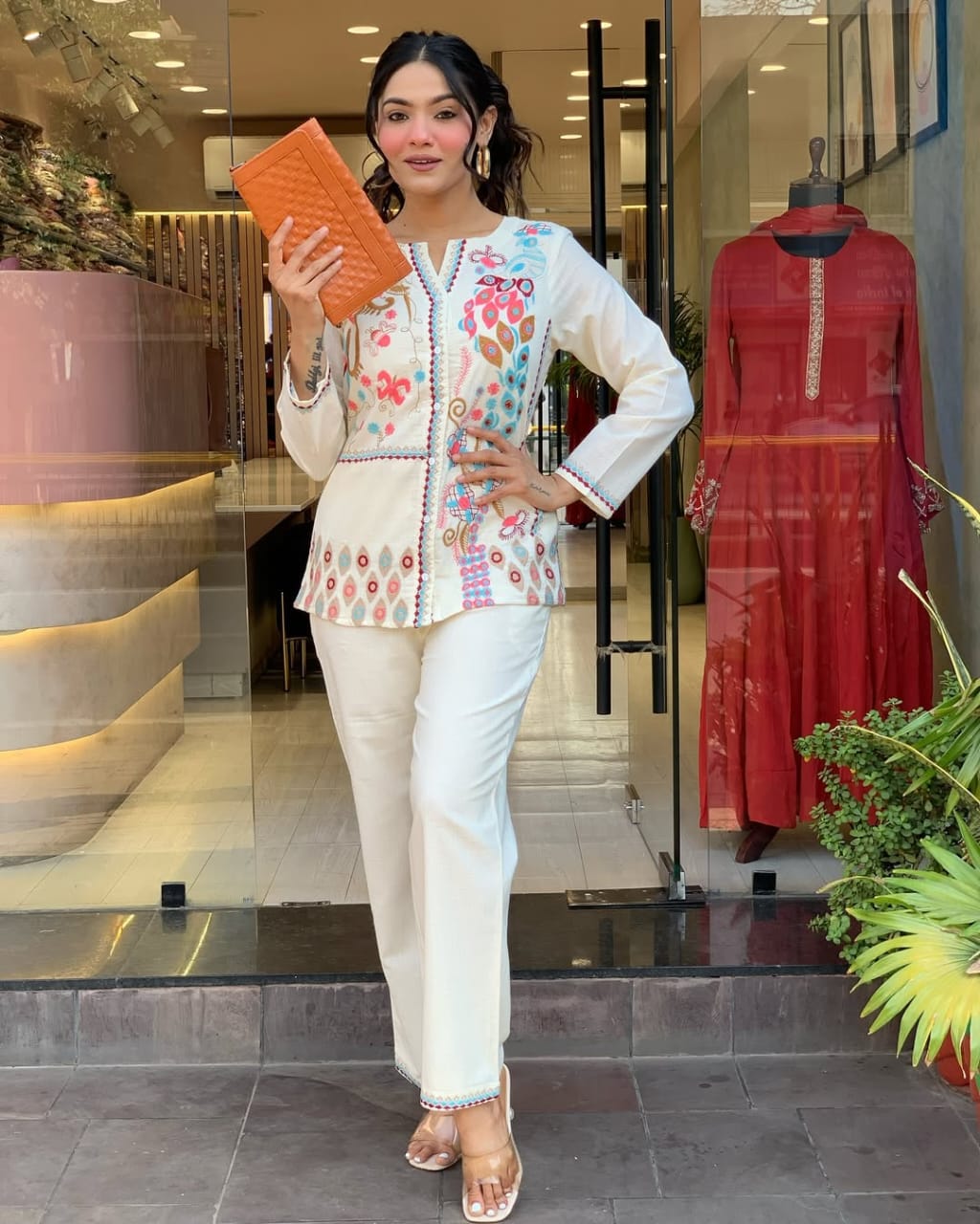 White Premium Cotton Co-ord Set Embroidery Work