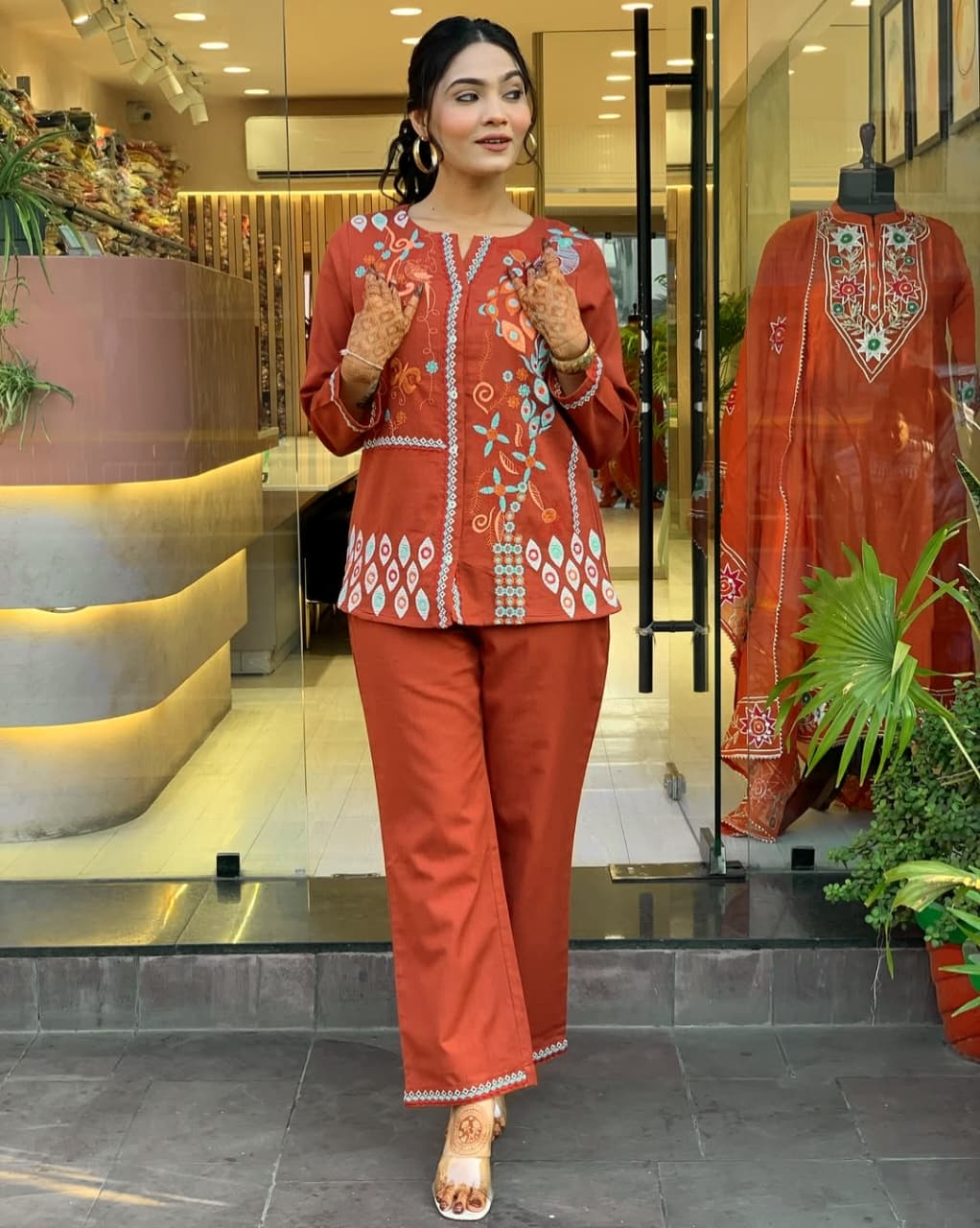 Rust Premium Cotton Co-ord Set Embroidery Work