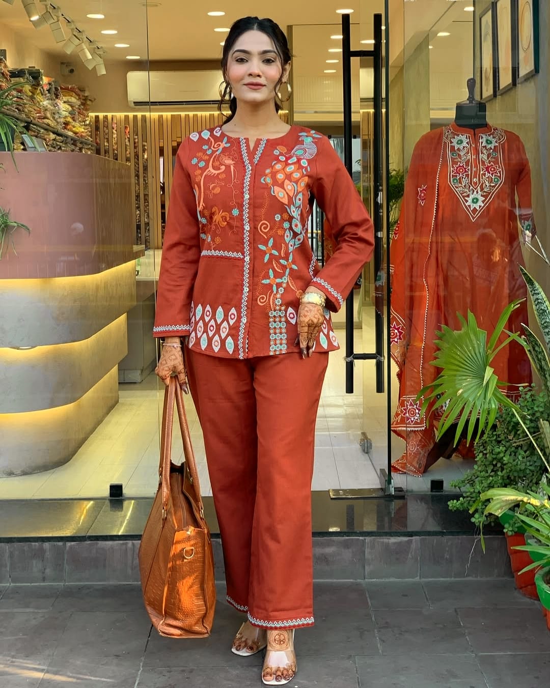 Rust Premium Cotton Co-ord Set Embroidery Work