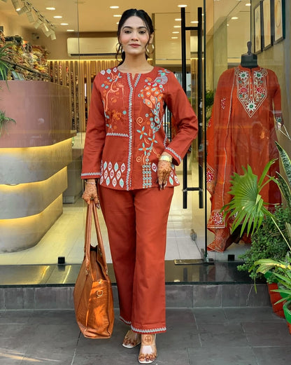 Rust Premium Cotton Co-ord Set Embroidery Work