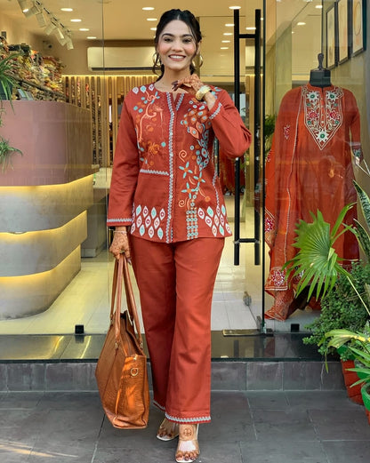 Rust Premium Cotton Co-ord Set Embroidery Work