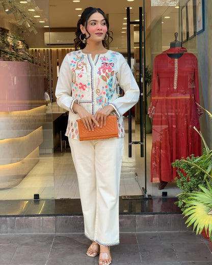 White Premium Cotton Co-ord Set Embroidery Work