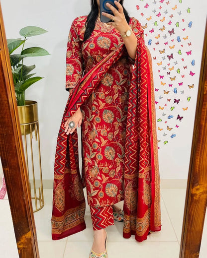 Designer V Neck Azrak Print Cotton Suit