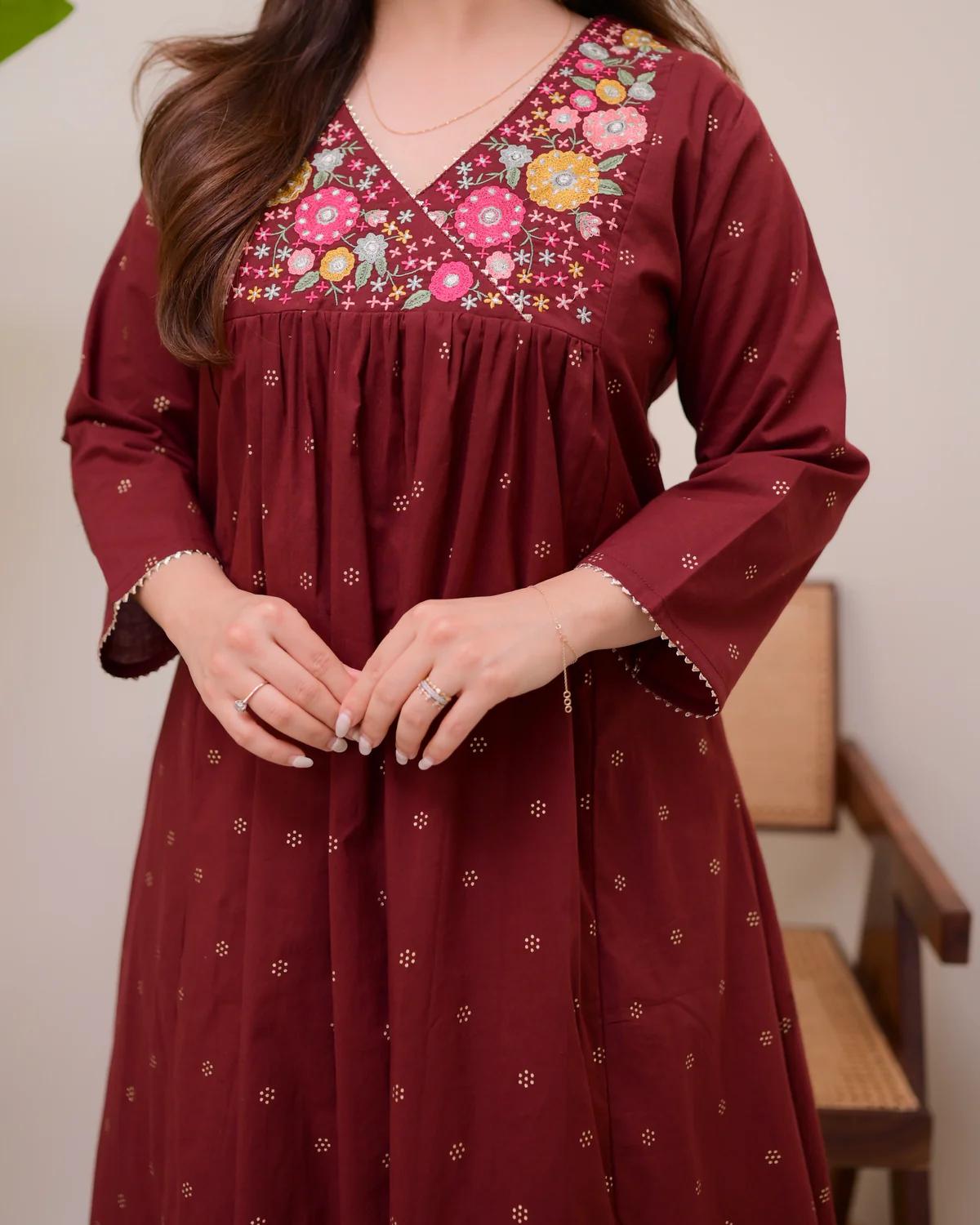 Maroon Muse Threadwork Cotton A Line Kurta Set