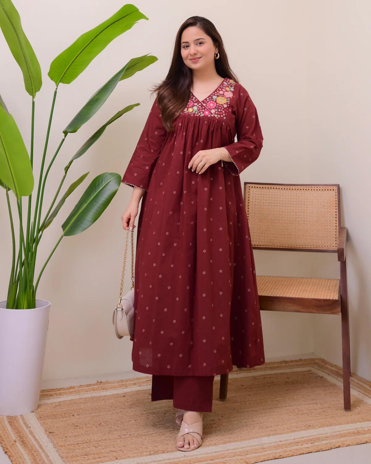 Maroon Muse Threadwork Cotton A Line Kurta Set