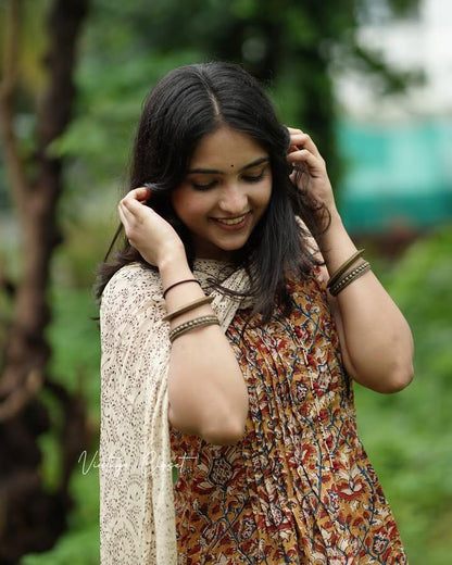 Hand Block Printed Kalamkari Kurti Pant and Dupatta Set