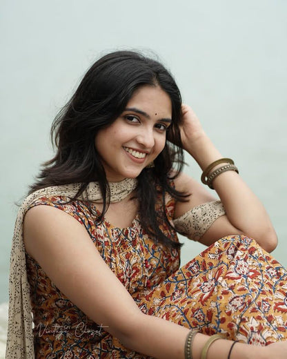 Hand Block Printed Kalamkari Kurti Pant and Dupatta Set