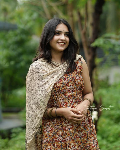 Hand Block Printed Kalamkari Kurti Pant and Dupatta Set