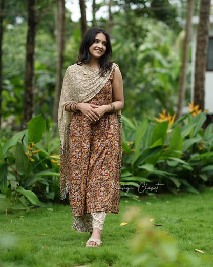 Hand Block Printed Kalamkari Kurti Pant and Dupatta Set