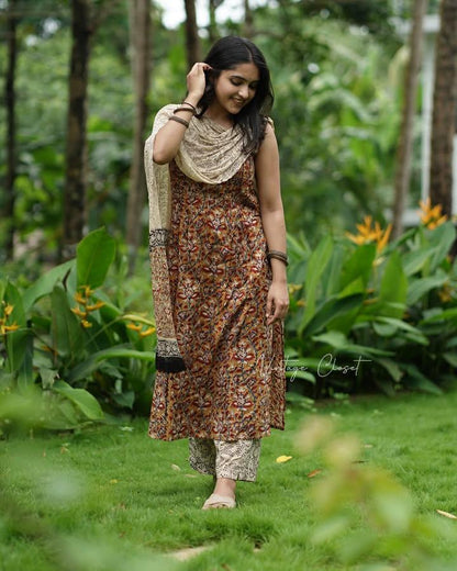 Hand Block Printed Kalamkari Kurti Pant and Dupatta Set