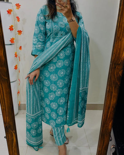 Floral Print Cotton Kurta Set with Striped Dupatta