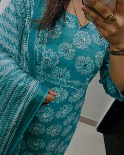 Floral Print Cotton Kurta Set with Striped Dupatta
