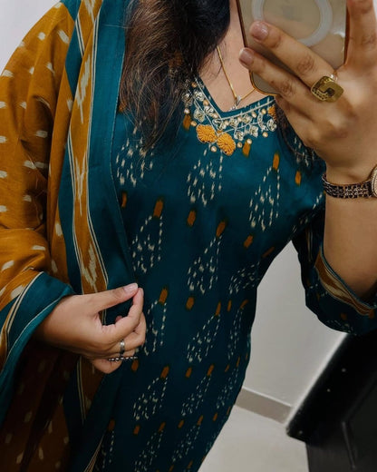 Designer Ikkat Print with Kurti Pant & Dupatta Set
