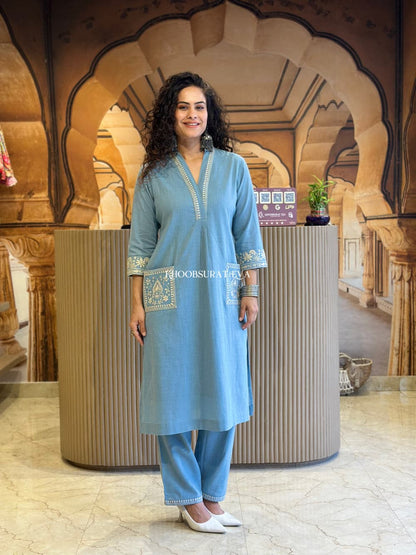 Sky Blue Beautiful Cotton Slub with Both Sides Pocket