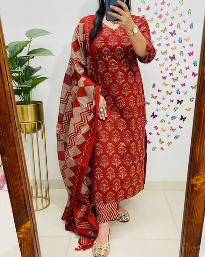 Red Kalamkari Designer Suit with Fusion Azrak Print Kurti Pant Dupatta Set