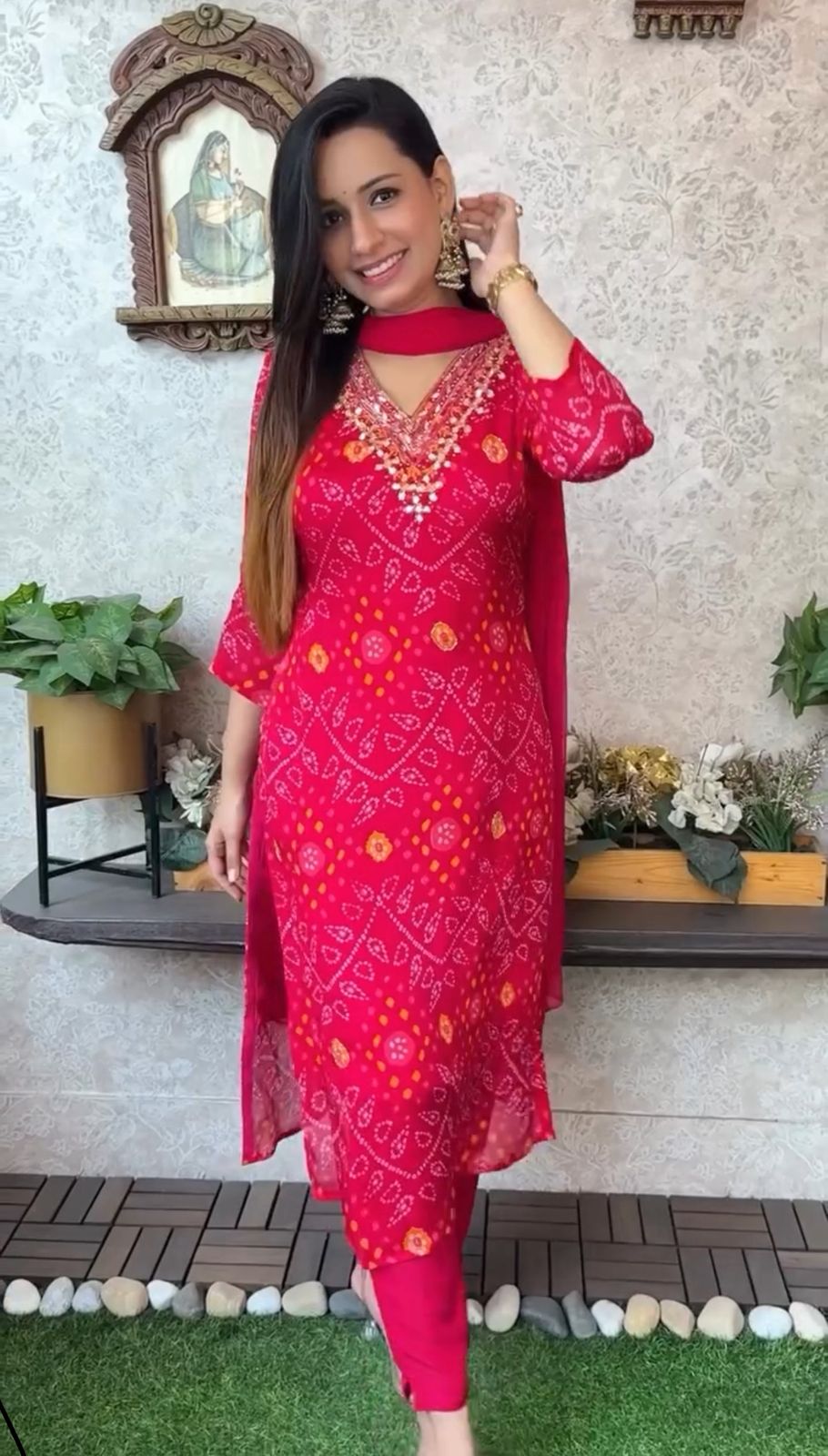 Bandhej Cotton Embroidered kurta with Pant & Dupatta Set For Women