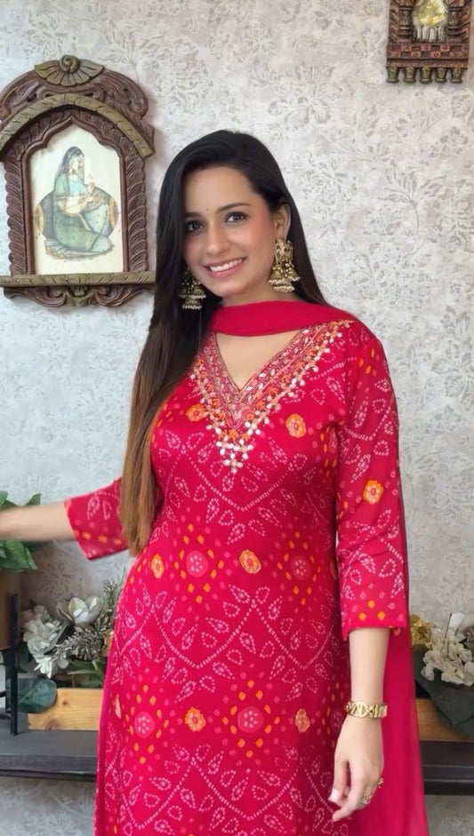 Bandhej Cotton Embroidered kurta with Pant & Dupatta Set For Women