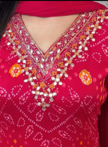 Bandhej Cotton Embroidered kurta with Pant & Dupatta Set For Women