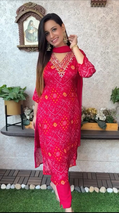 Bandhej Cotton Embroidered kurta with Pant & Dupatta Set For Women