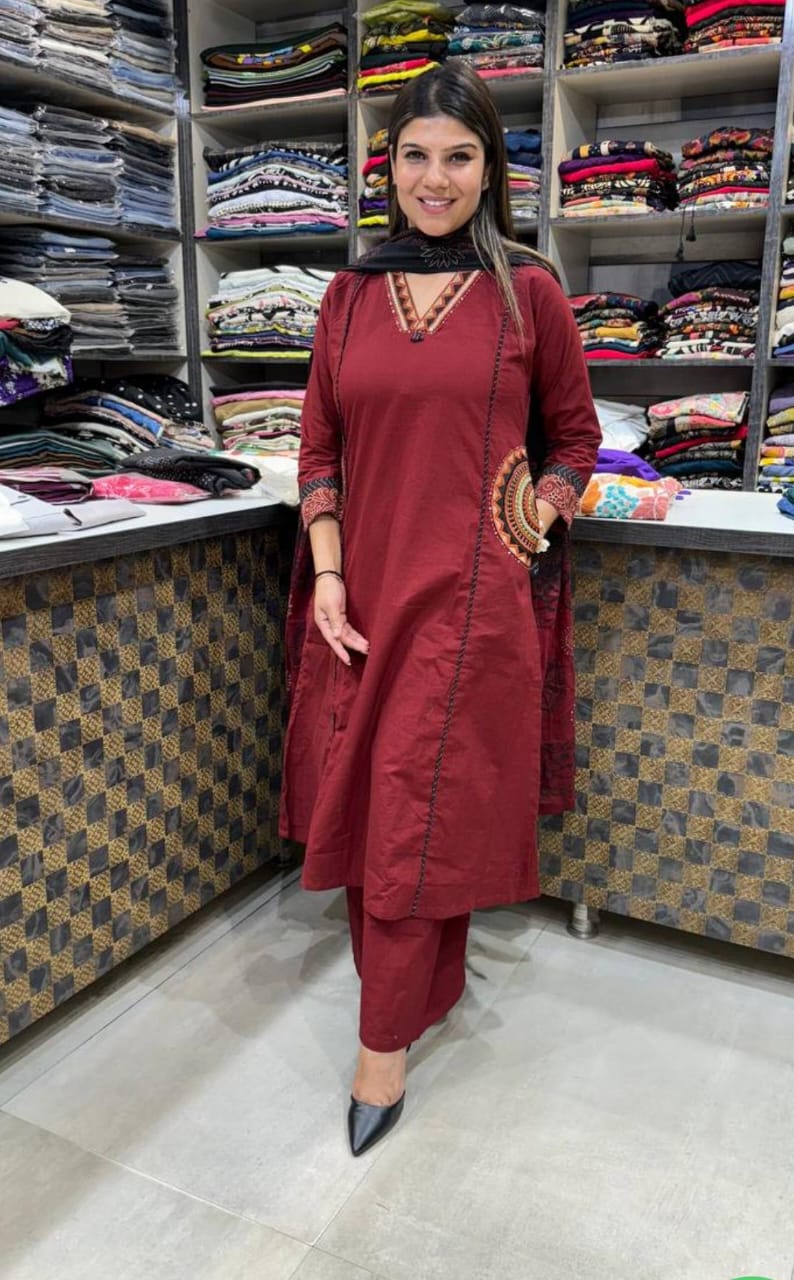 Mroon Cotton Embroidery Kurti Pant Dupatta Set