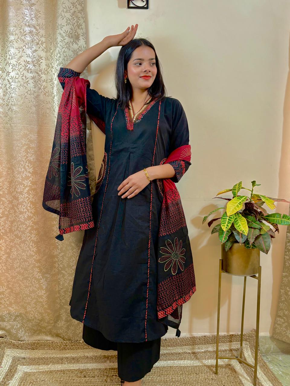 Black Cotton Embroidery Kurti Pant Dupatta Set