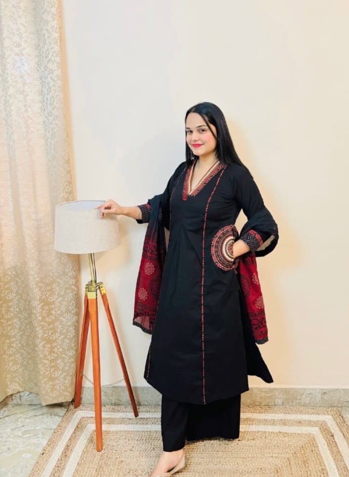 Black Cotton Embroidery Kurti Pant Dupatta Set