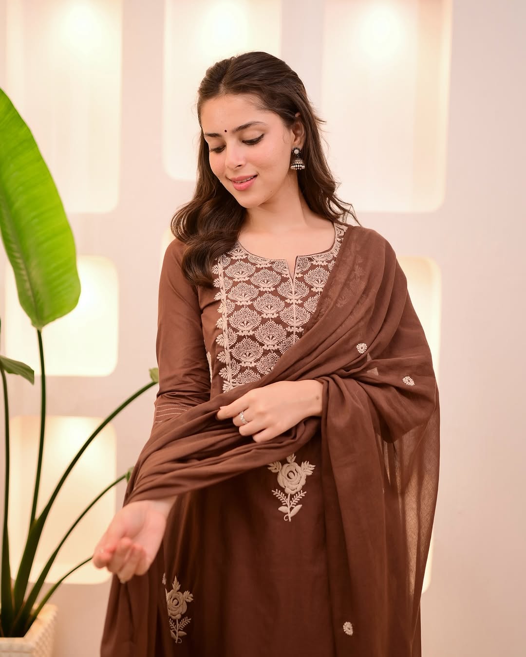 Mocha Brown Threadwork Cotton Suit