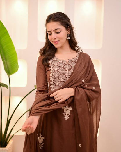 Mocha Brown Threadwork Cotton Suit