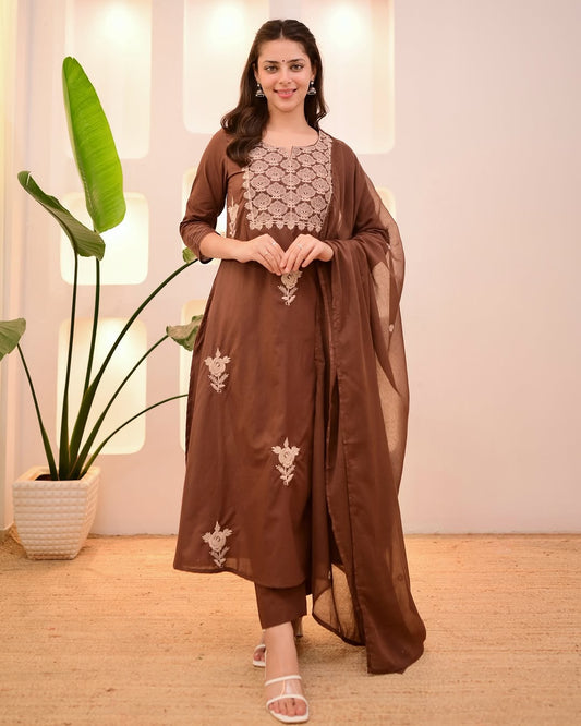 Mocha Brown Threadwork Cotton Suit
