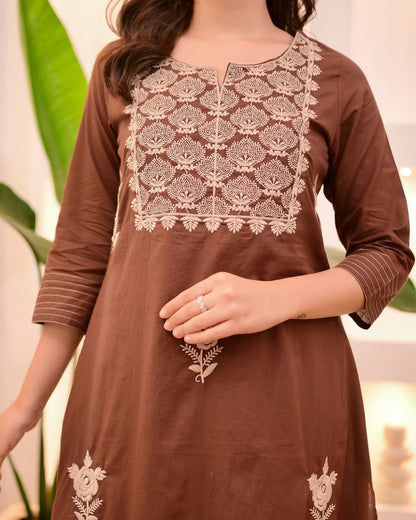 Mocha Brown Threadwork Cotton Suit