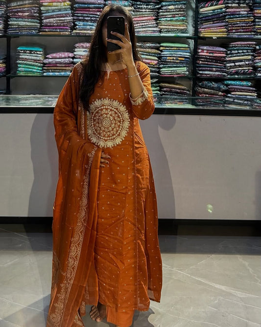 Orange Embroidered Anarkali Kurta Set with Bell Sleeves and Dupatta