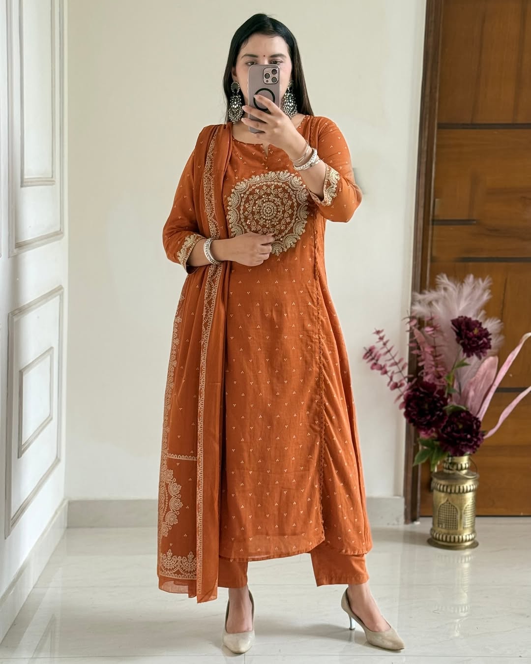 Orange Embroidered Anarkali Kurta Set with Bell Sleeves and Dupatta