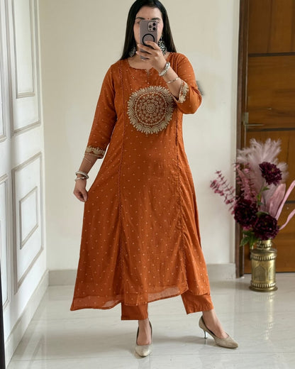 Orange Embroidered Anarkali Kurta Set with Bell Sleeves and Dupatta