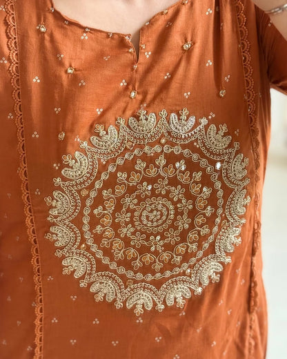 Orange Embroidered Anarkali Kurta Set with Bell Sleeves and Dupatta
