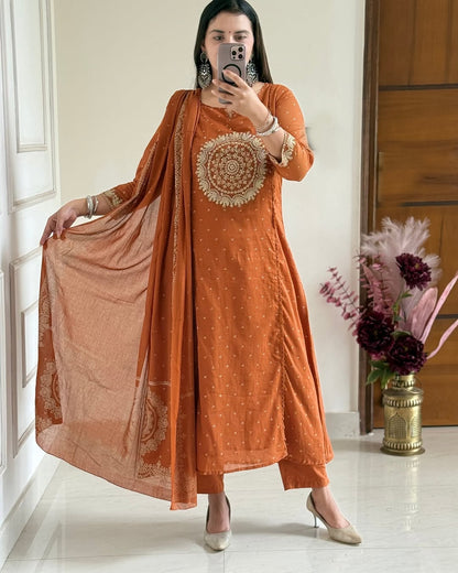 Orange Embroidered Anarkali Kurta Set with Bell Sleeves and Dupatta