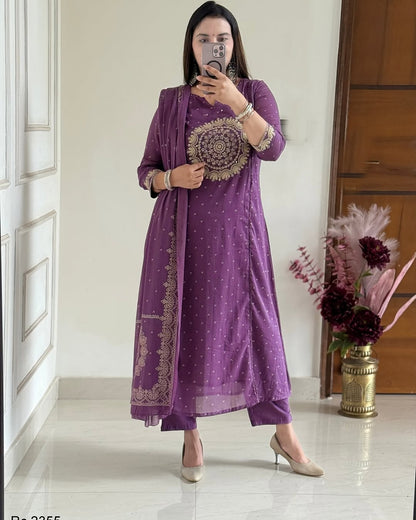 Purple Embroidered Anarkali Kurta Set with Bell Sleeves and Dupatta