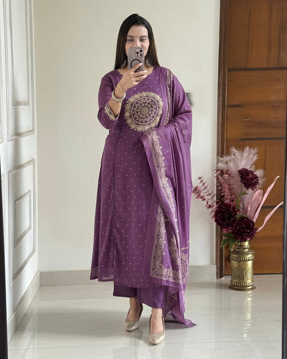 Purple Embroidered Anarkali Kurta Set with Bell Sleeves and Dupatta