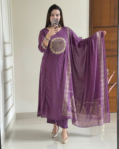 Purple Embroidered Anarkali Kurta Set with Bell Sleeves and Dupatta