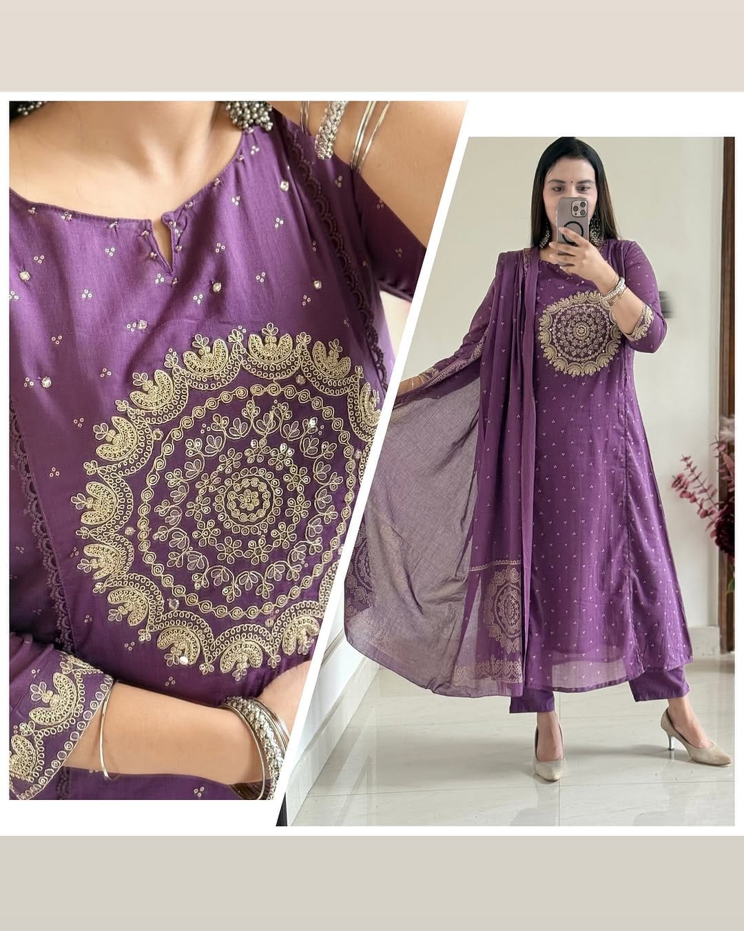 Purple Embroidered Anarkali Kurta Set with Bell Sleeves and Dupatta