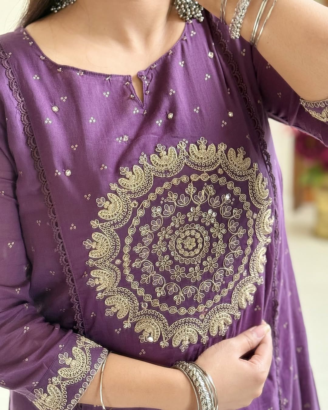 Purple Embroidered Anarkali Kurta Set with Bell Sleeves and Dupatta