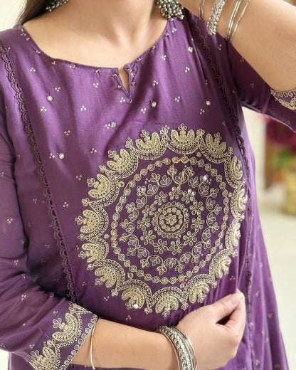 Purple Embroidered Anarkali Kurta Set with Bell Sleeves and Dupatta