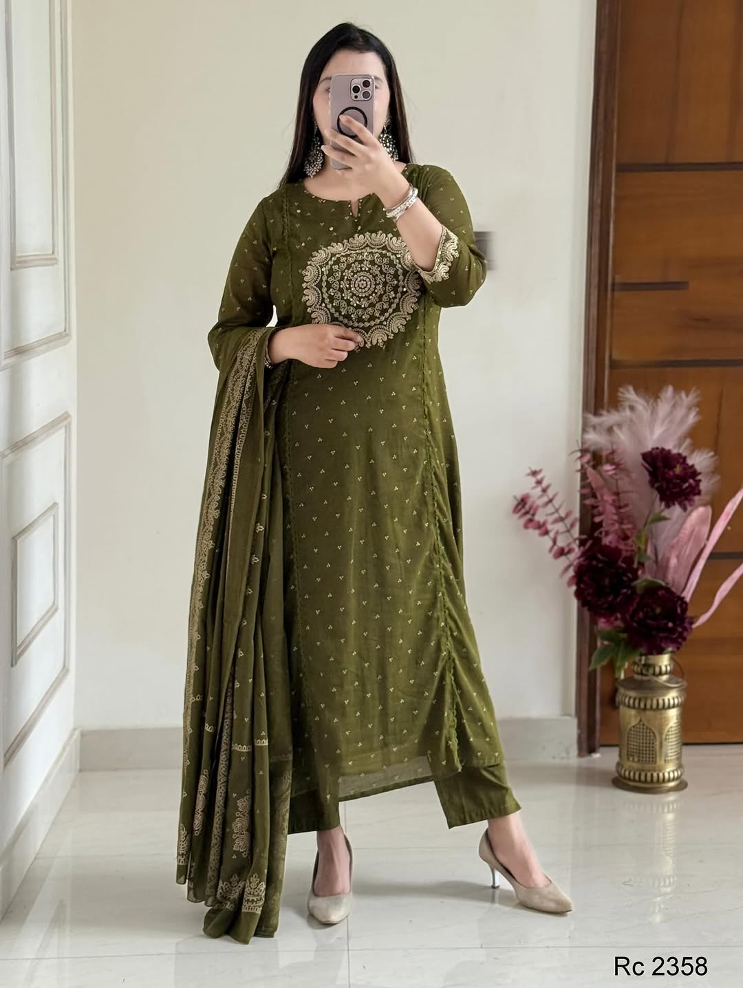 Green Embroidered Anarkali Kurta Set with Bell Sleeves and Dupatta